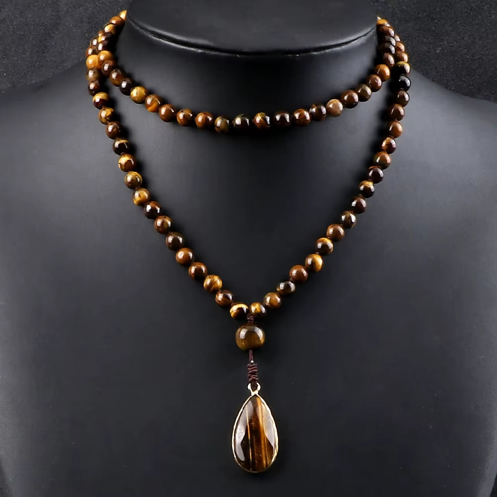 Vintage Design Tiger Eye Stone Necklace Handmade Knotted 6Mm 108 Mala Beads Necklaces Drop Pendant Women Men Yoga Jewelry Gifts