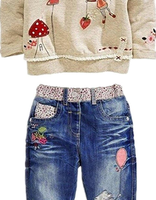 Load image into Gallery viewer, Toddler Girl Clothes Baby Girl Long Sleeve Top + Jeans Pants with Pockets 2 Piece Outfit Cartoon Clothing Set
