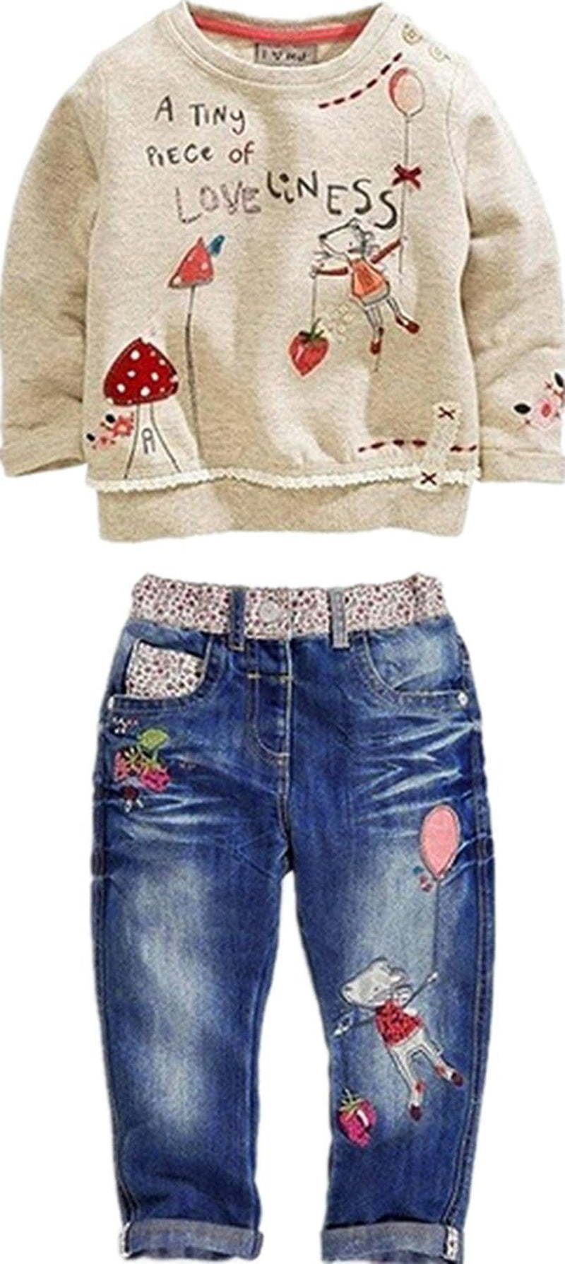 Toddler Girl Clothes Baby Girl Long Sleeve Top + Jeans Pants with Pockets 2 Piece Outfit Cartoon Clothing Set