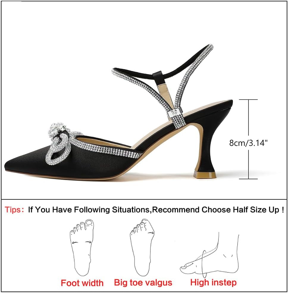 Women'S Closed Toe Rhinstone Wedding Low Heel Slingback Clear Kitten Heels,Adjustable Strap Pointed Toe Bow Pumps High Heeled Prom Dress Shoes