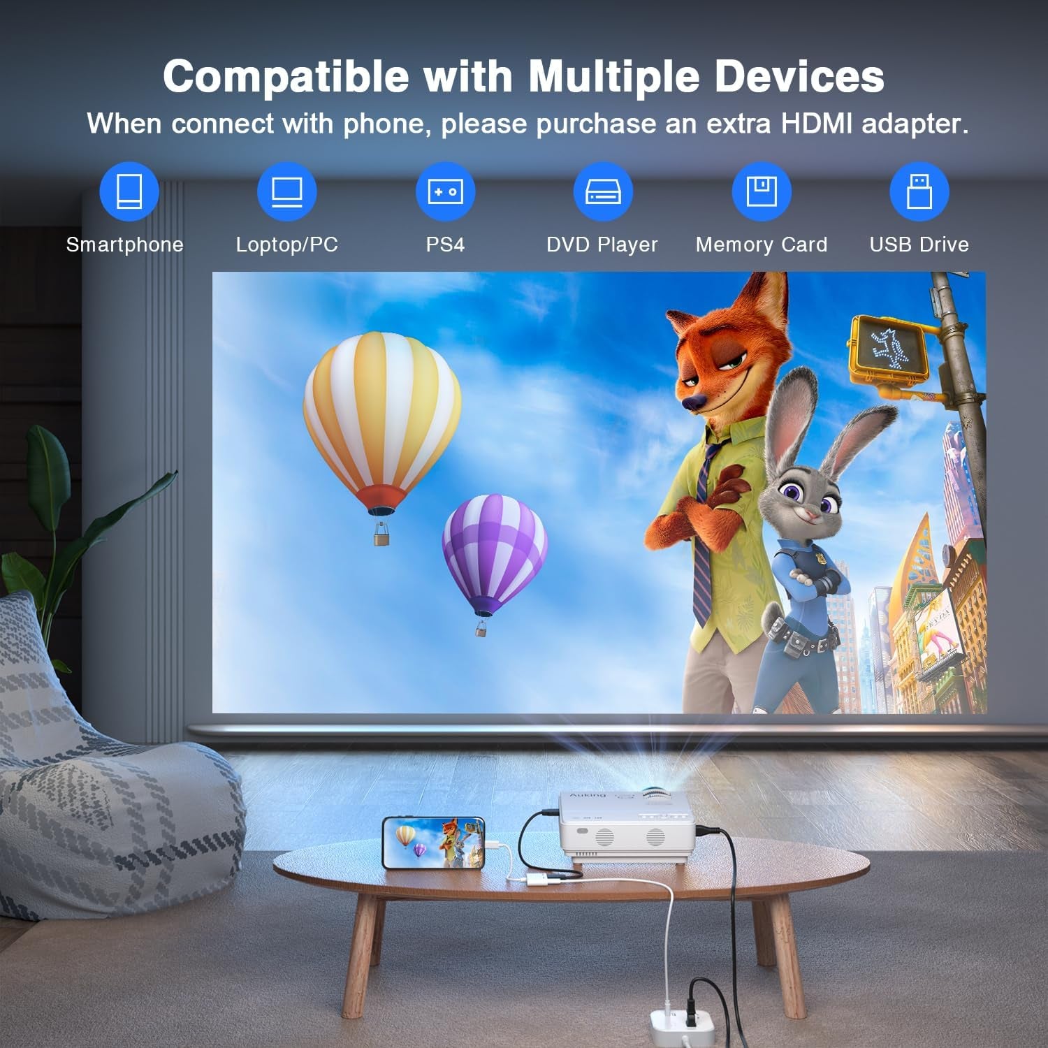 Projector, 2024 Upgraded Mini Projector, Full HD 1080P Home Theater Video Projector, Compatible with Hdmi/Usb/Av/Smartphone/Tv Box/Laptop