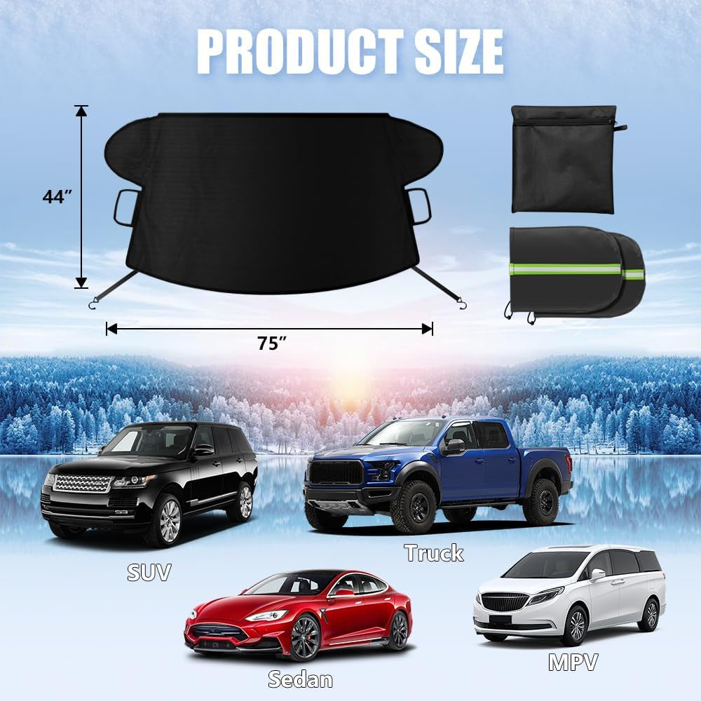 Car Windshield Cover for Ice and Snow, Windshield Snow Cover, Performance Brake Kits with Side Mirrors Cover for Snow, Ice, UV Fits Most Cars, Trucks, Vans, Suvs, Black