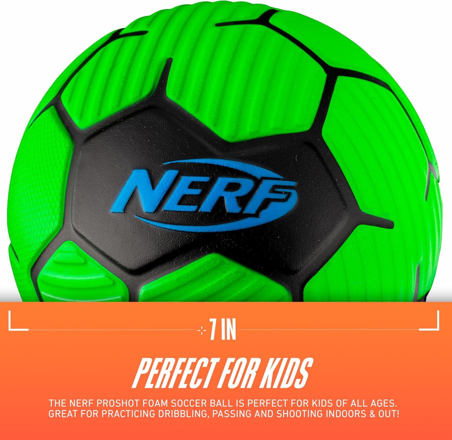 NERF Kids Foam Mini Soccer Ball - Proshot Youth Soccer Ball - 7" Indoor + Outdoor Ball for Kids + Toddlers -Green/Blue