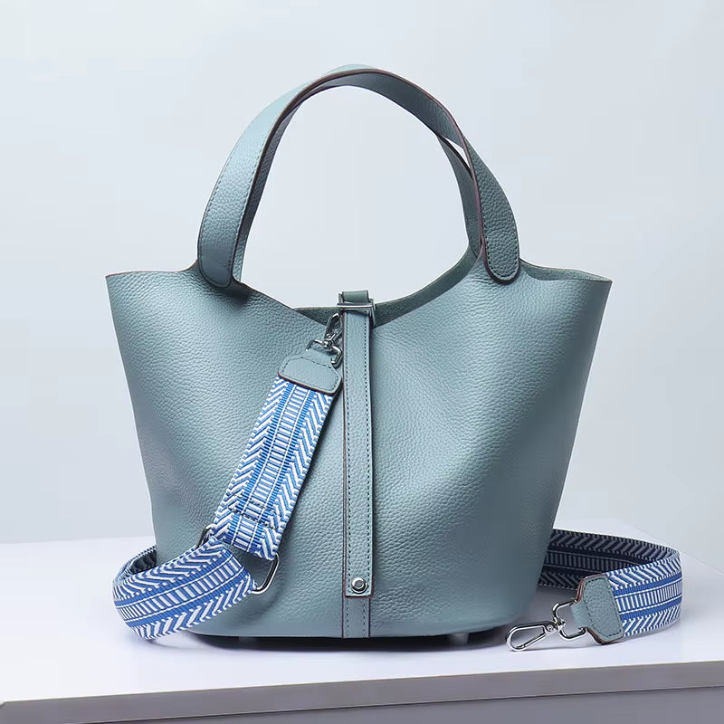 Various Genuine Leather Luxury Bag Fashion  Vegetable Basket Style Portable Women Bucket Bag with Lock