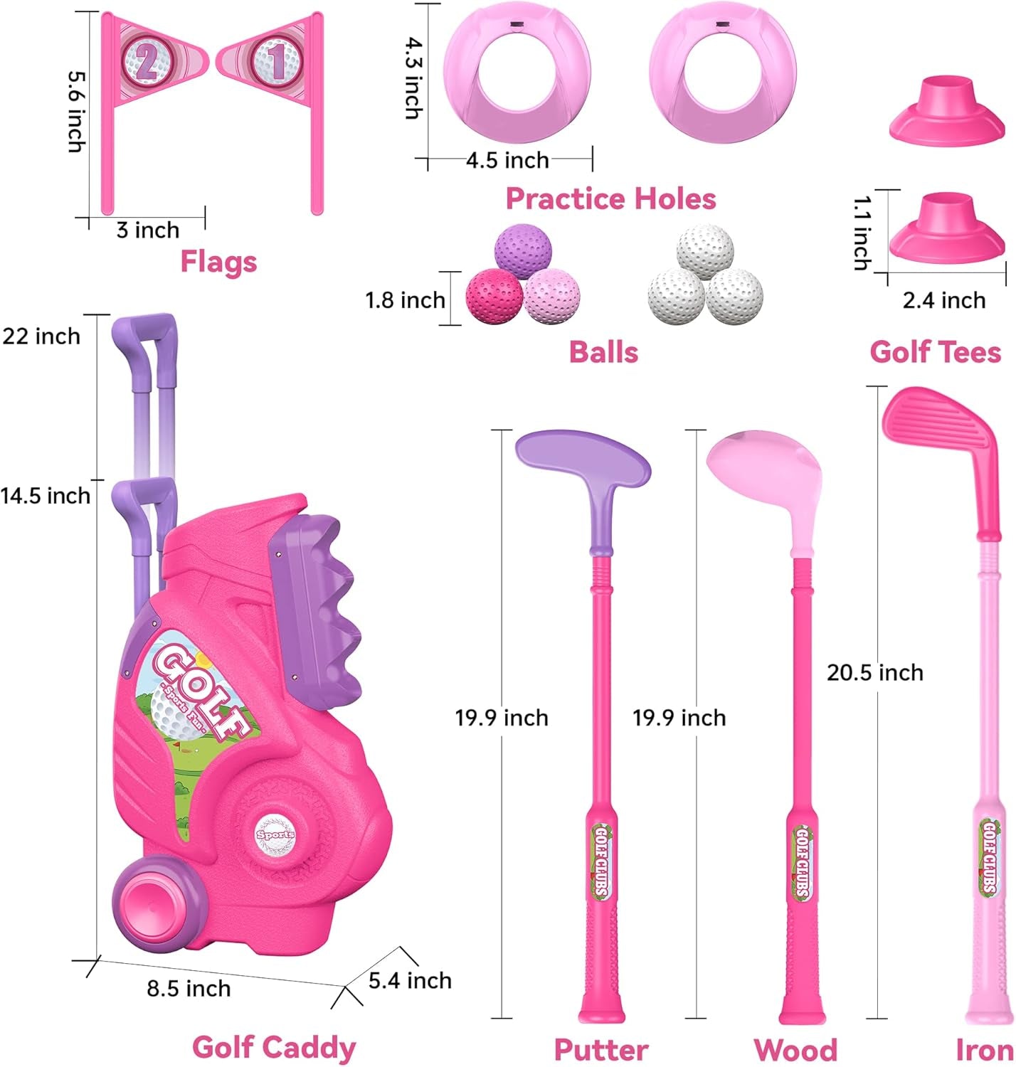 Toddler Golf Set for 1 2 3 4 5 Years Old, Upgraded Kids Golf Cart with Unique Shoulder Strap Design, Indoor and Outdoor Golf Toys for Boys Girls (Pink)