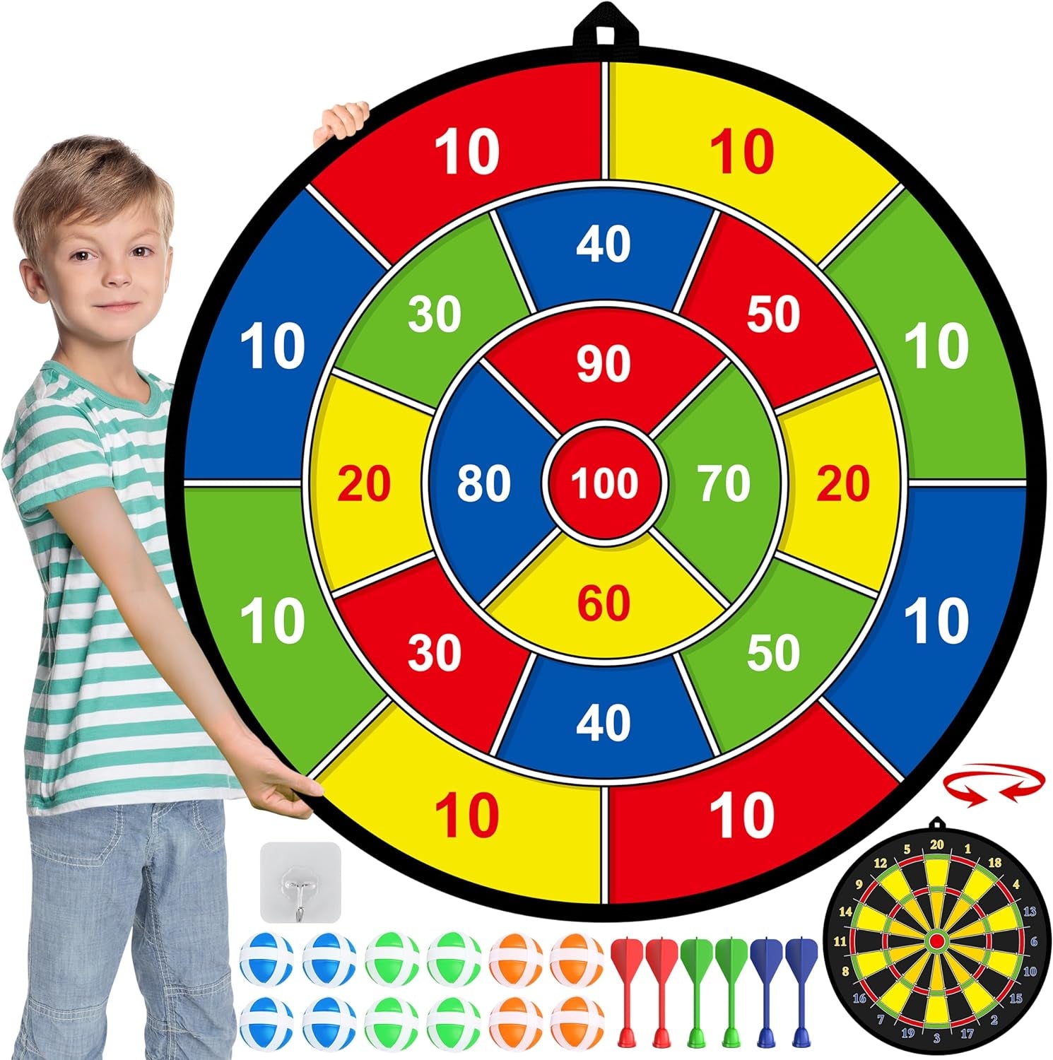 Large Dart Board for Kids, Kids Double-Sided Dart Board with Sticky Balls and Darts, Indoor/Outdoor Sport Fun Party Play Game Toys, Gifts for 3 4 5 6 7 8 9 10 11 12 Year Old Boys Girls