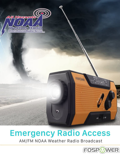 Load image into Gallery viewer, Emergency Weather Radio (Model A1) NOAA/AM/FM with 7400Mwh Portable Power Bank, Usb/Solar/Hand Crank Charging, Battery Operated, SOS Alarm &amp; Flashlight for Indoor/Outdoor Emergencies
