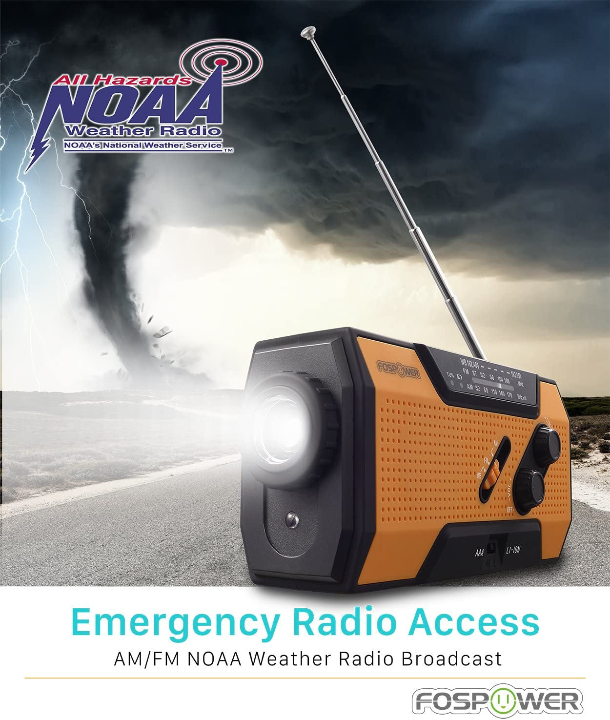 Emergency Weather Radio (Model A1) NOAA/AM/FM with 7400Mwh Portable Power Bank, Usb/Solar/Hand Crank Charging, Battery Operated, SOS Alarm & Flashlight for Indoor/Outdoor Emergencies