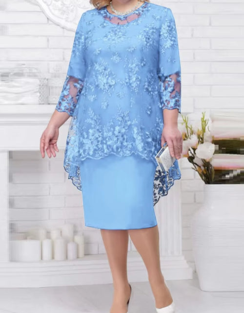 Load image into Gallery viewer, plus Size Women Evening Gown Dress, Fashion Solid Color round Neck High Waist Lace Embroidery Two-Piece Slim Fit Dress Set
