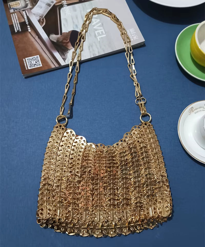 Luxury Designer Women'S Bag Trend Hand Woven Hollow Metal Chain Tote Bag Clutch Female Bag Travel Holiday Shoulder Bag Handbag