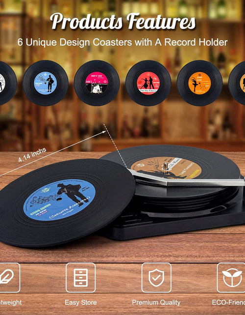 Load image into Gallery viewer, Funny Retro Vinyl Record Coasters with Player, 6 Pcs Music Coasters for Drinks, Bars, Party, Birthday Gifts for Music Lovers, Home Decor Housewarming and White Elephant Gifts Ideas
