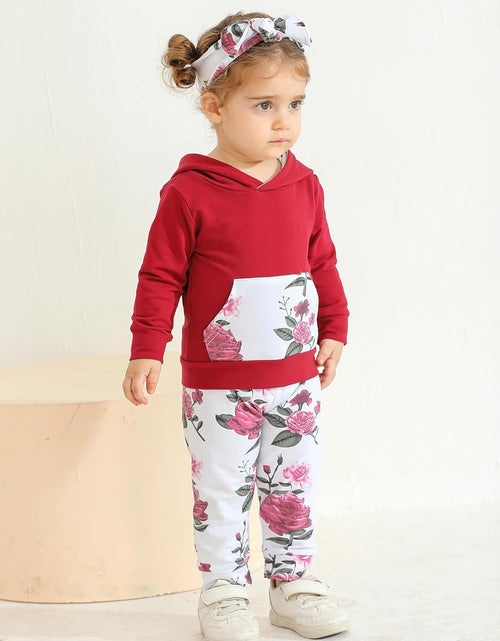 Load image into Gallery viewer, Baby Girl Clothes Long Sleeve Floral Hoodie Sweatshirt Pants with Pocket Headband Outfit Sets
