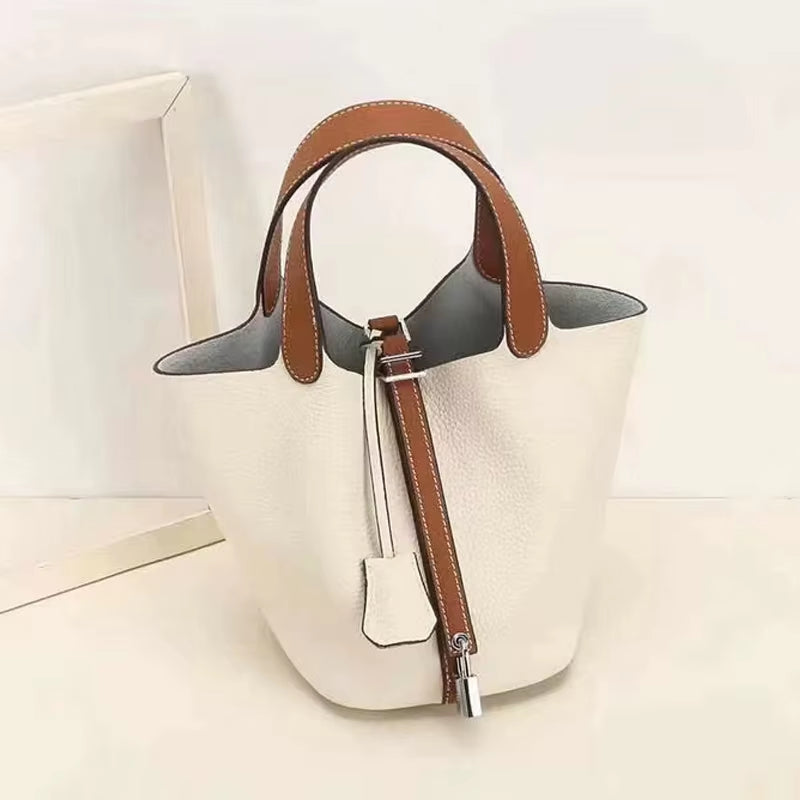 Various Genuine Leather Luxury Bag Fashion  Vegetable Basket Style Portable Women Bucket Bag with Lock