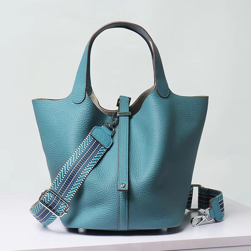 Various Genuine Leather Luxury Bag Fashion  Vegetable Basket Style Portable Women Bucket Bag with Lock