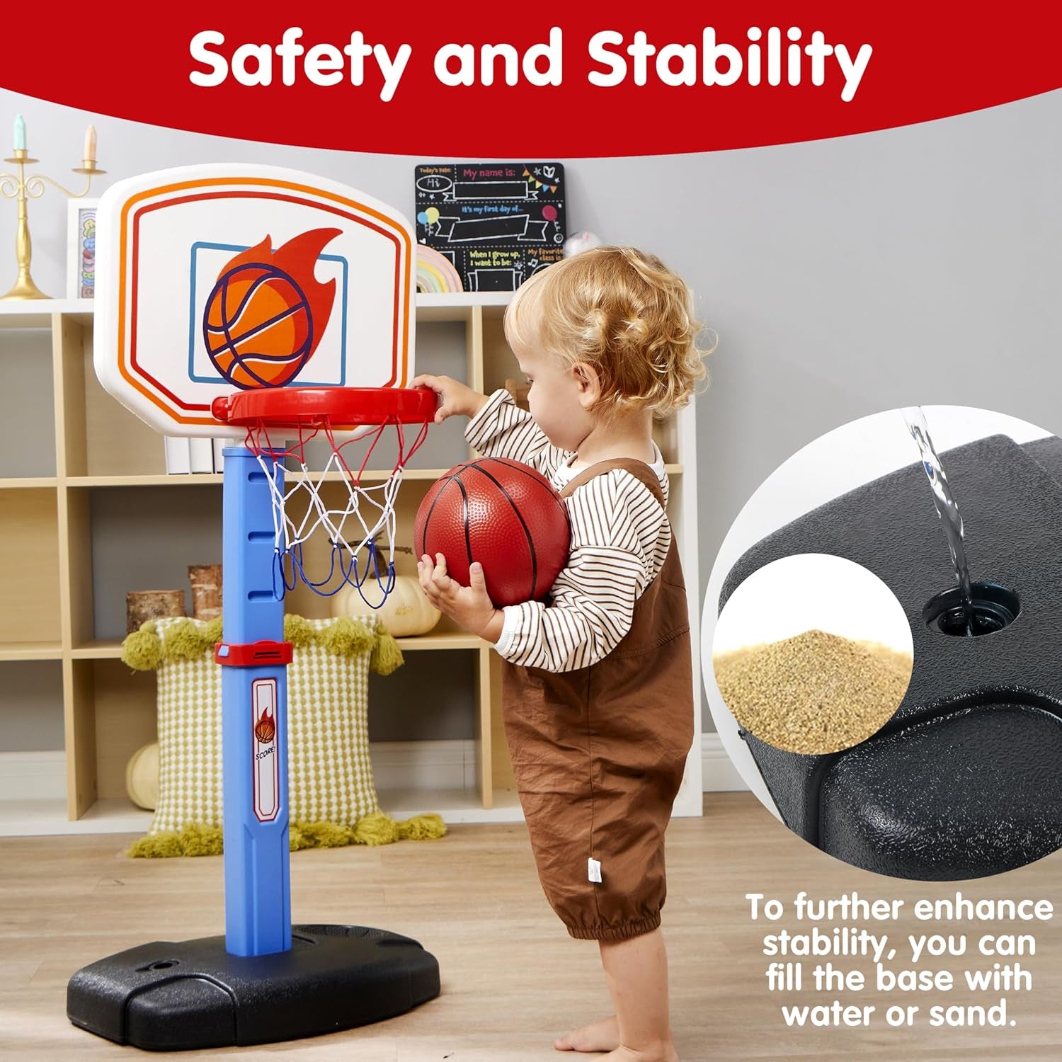 Toddler Basketball Arcade Game Set, Adjustable Basketball Goal with 4 Balls for Kids Indoor Outdoor Play, Carnival Games, Christmas Birthday Gift for Boys Girls Age 1 and up - Air Pump Included