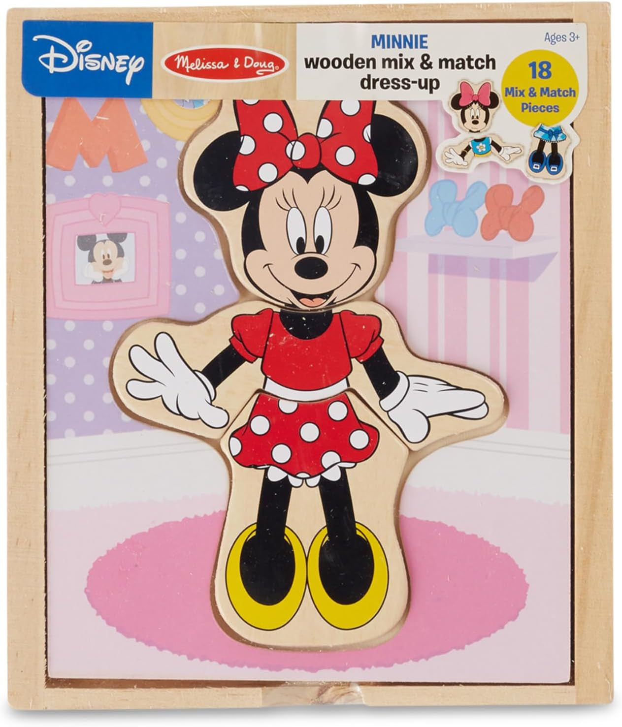 Disney Minnie Mouse Mix and Match Dress-Up Wooden Play Set (18 Pcs) - Minnie Mouse Toys for Disney Fans, Fashion Puzzle Travel Toys for Kids Ages 3+