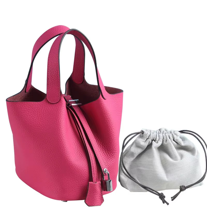 Various Genuine Leather Luxury Bag Fashion  Vegetable Basket Style Portable Women Bucket Bag with Lock