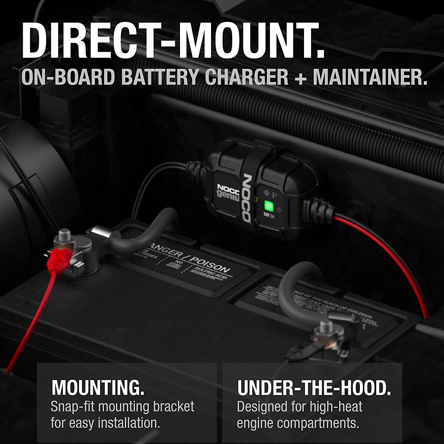 GENIUS2D, 2A Direct-Mount Onboard Car Battery Charger, 12V Automotive Charger, Battery Maintainer, Trickle Charger, Float Charger and Desulfator for Marine, ATV, Truck and Deep Cycle Batteries