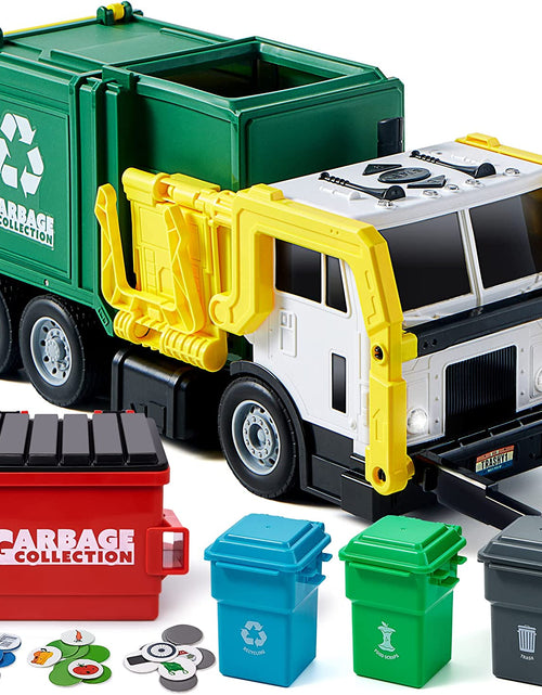 Load image into Gallery viewer, Large Friction Powered Garbage Truck Toy Set, Includes Dumpster, Trash Bins, and Learning Cards for Kids
