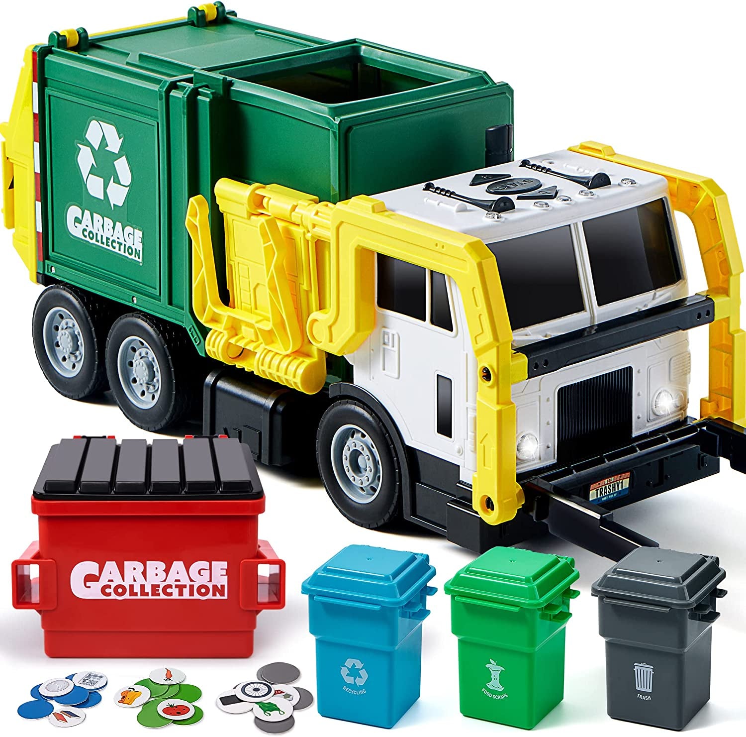 Large Friction Powered Garbage Truck Toy Set, Includes Dumpster, Trash Bins, and Learning Cards for Kids