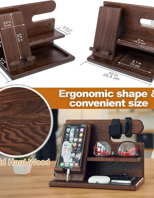 Load image into Gallery viewer, Wood Phone Docking Station - Nightstand Organizer - Desk Organizer for Husband - Birthday Gifts for Men, Dad - Idea for Anniversary from Wife - Key Holder - Stand Wallet &amp; Watch (Deep Brown)
