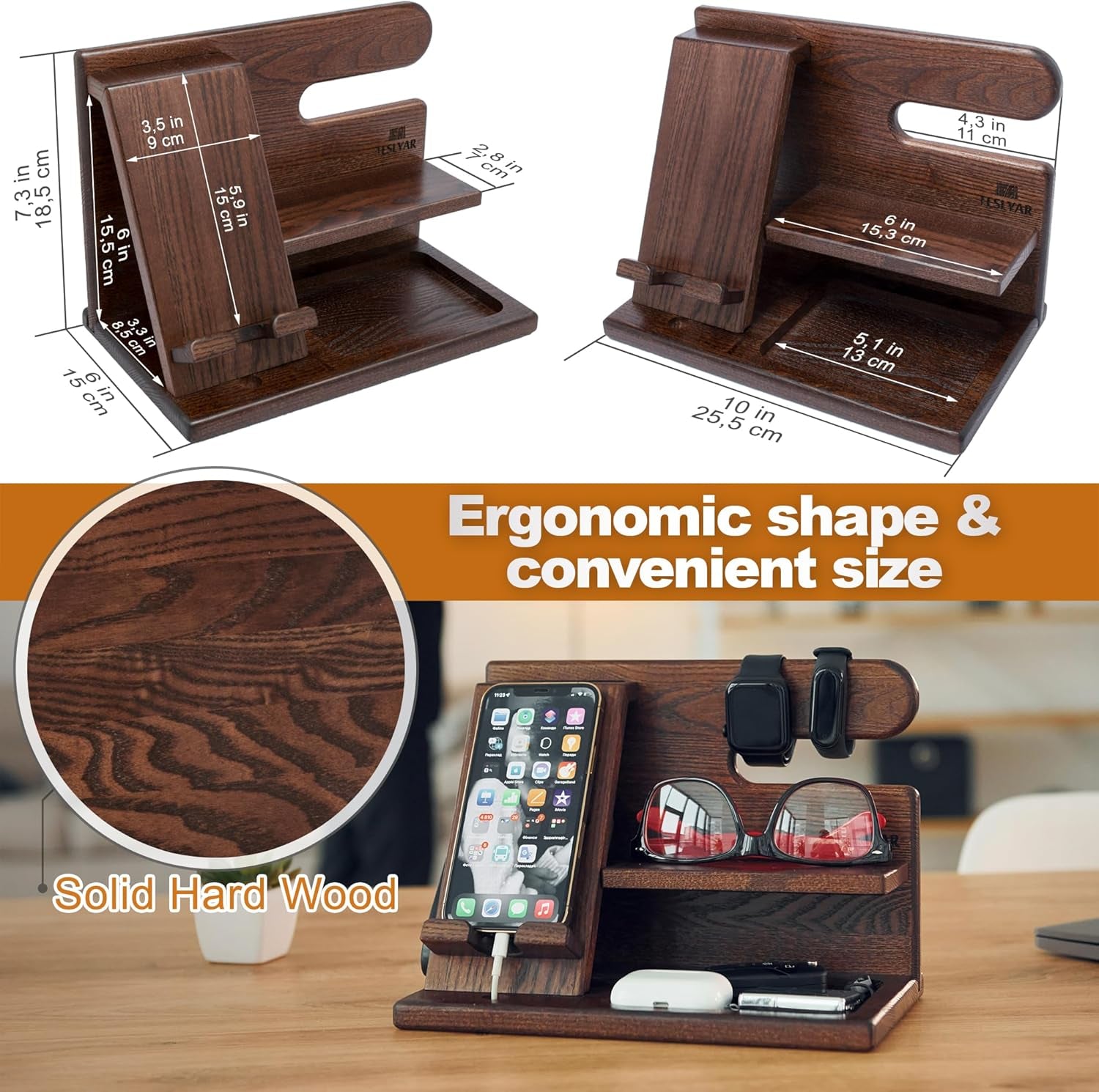 Wood Phone Docking Station - Nightstand Organizer - Desk Organizer for Husband - Birthday Gifts for Men, Dad - Idea for Anniversary from Wife - Key Holder - Stand Wallet & Watch (Deep Brown)