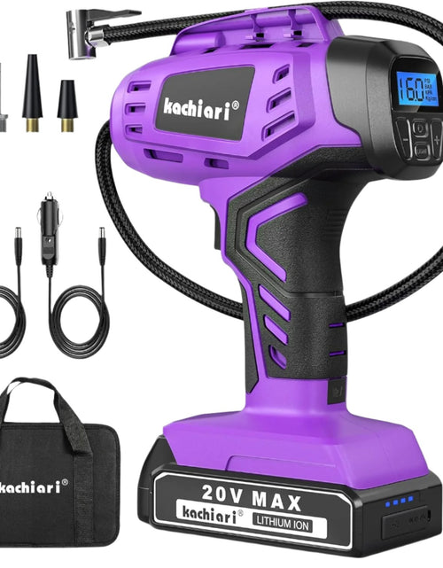 Load image into Gallery viewer, Tire Inflator Portable Air Compressor, 20V Cordless Car Tire Pump, Rechargeable Battery Powered Air Compressor W/12V DC Adapter Purple
