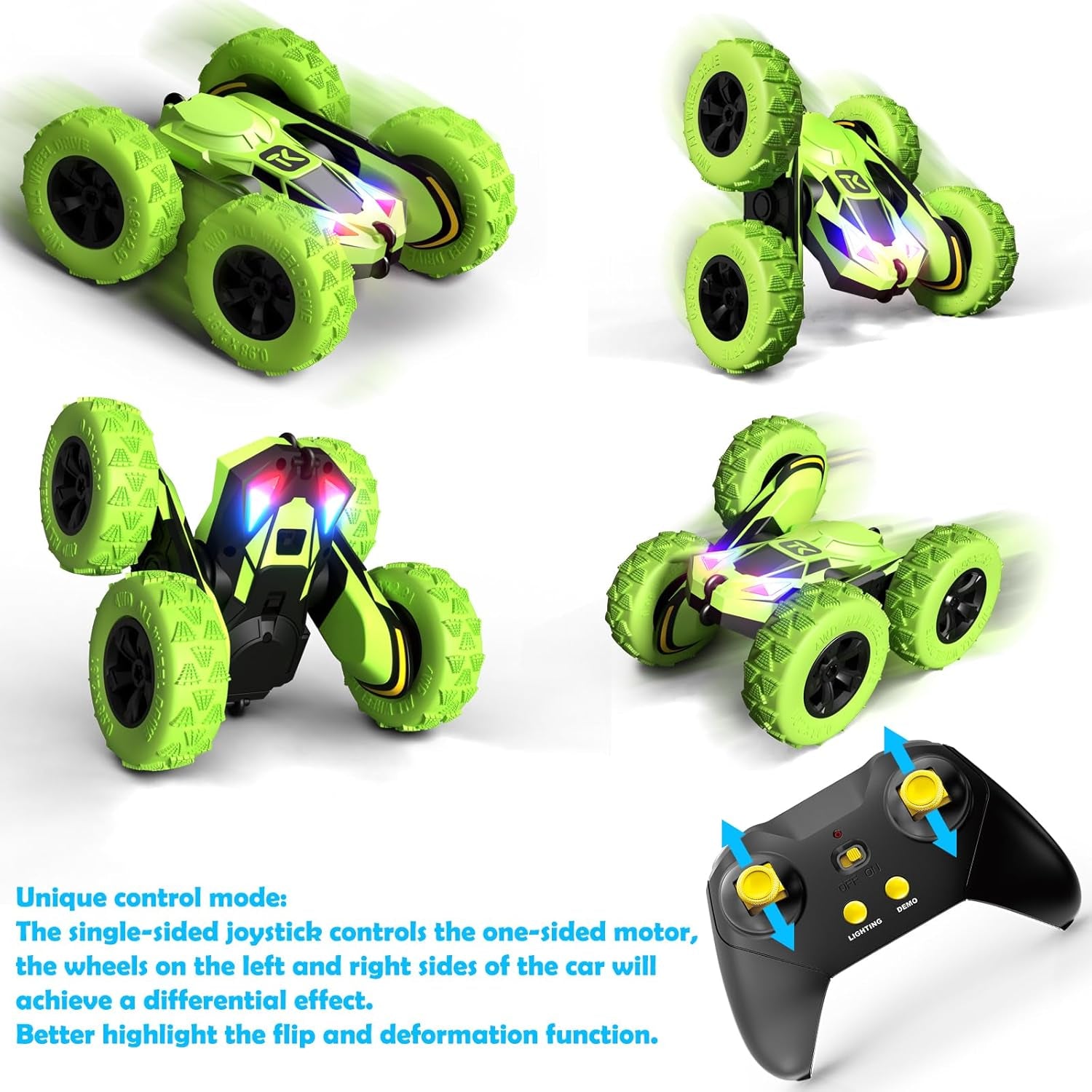 RC Stunt Cars Remote Control Car Double-Sided Driving 360-Degree Flips Rotating Car Toy, Green