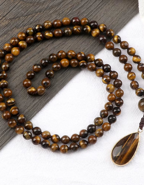 Load image into Gallery viewer, Vintage Design Tiger Eye Stone Necklace Handmade Knotted 6Mm 108 Mala Beads Necklaces Drop Pendant Women Men Yoga Jewelry Gifts
