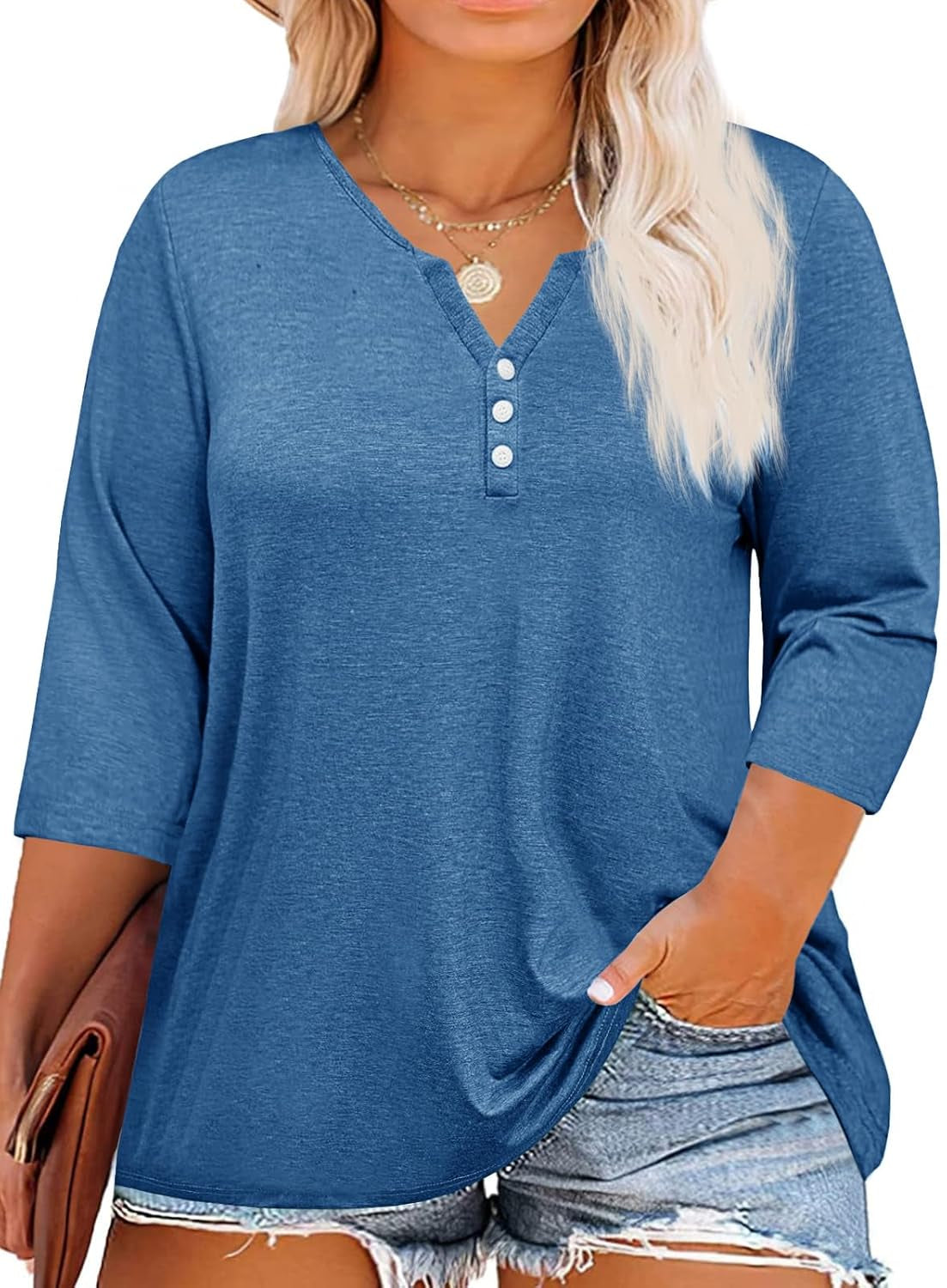 Womens plus Size T-Shirts V Neck 3/4 Sleeve Tops Fall Henley Shirts Casual Basic Loose Fit Blouses