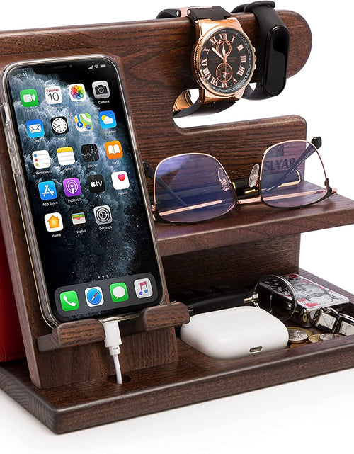 Load image into Gallery viewer, Wood Phone Docking Station - Nightstand Organizer - Desk Organizer for Husband - Birthday Gifts for Men, Dad - Idea for Anniversary from Wife - Key Holder - Stand Wallet &amp; Watch (Deep Brown)
