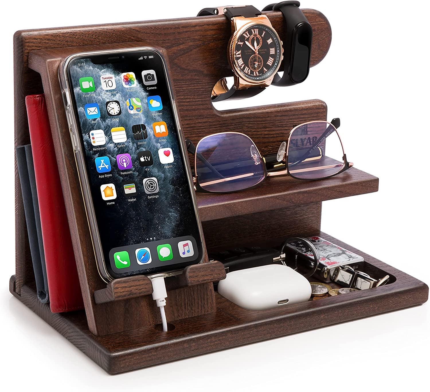 Wood Phone Docking Station - Nightstand Organizer - Desk Organizer for Husband - Birthday Gifts for Men, Dad - Idea for Anniversary from Wife - Key Holder - Stand Wallet & Watch (Deep Brown)