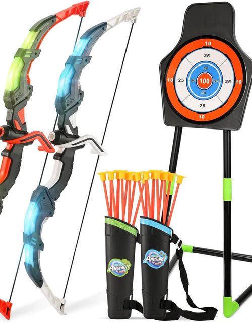 Load image into Gallery viewer, Bow and Arrow Set for Kids, 2-Pack LED Light up Archery Set with 20 Suction Cup Arrows, Outdoor Toy for Boy Girl Age 4-8 8-12 with Standing Target&amp;2 Quivers, Birthday Gift for Kid 5 6 7 8 9 Year Old
