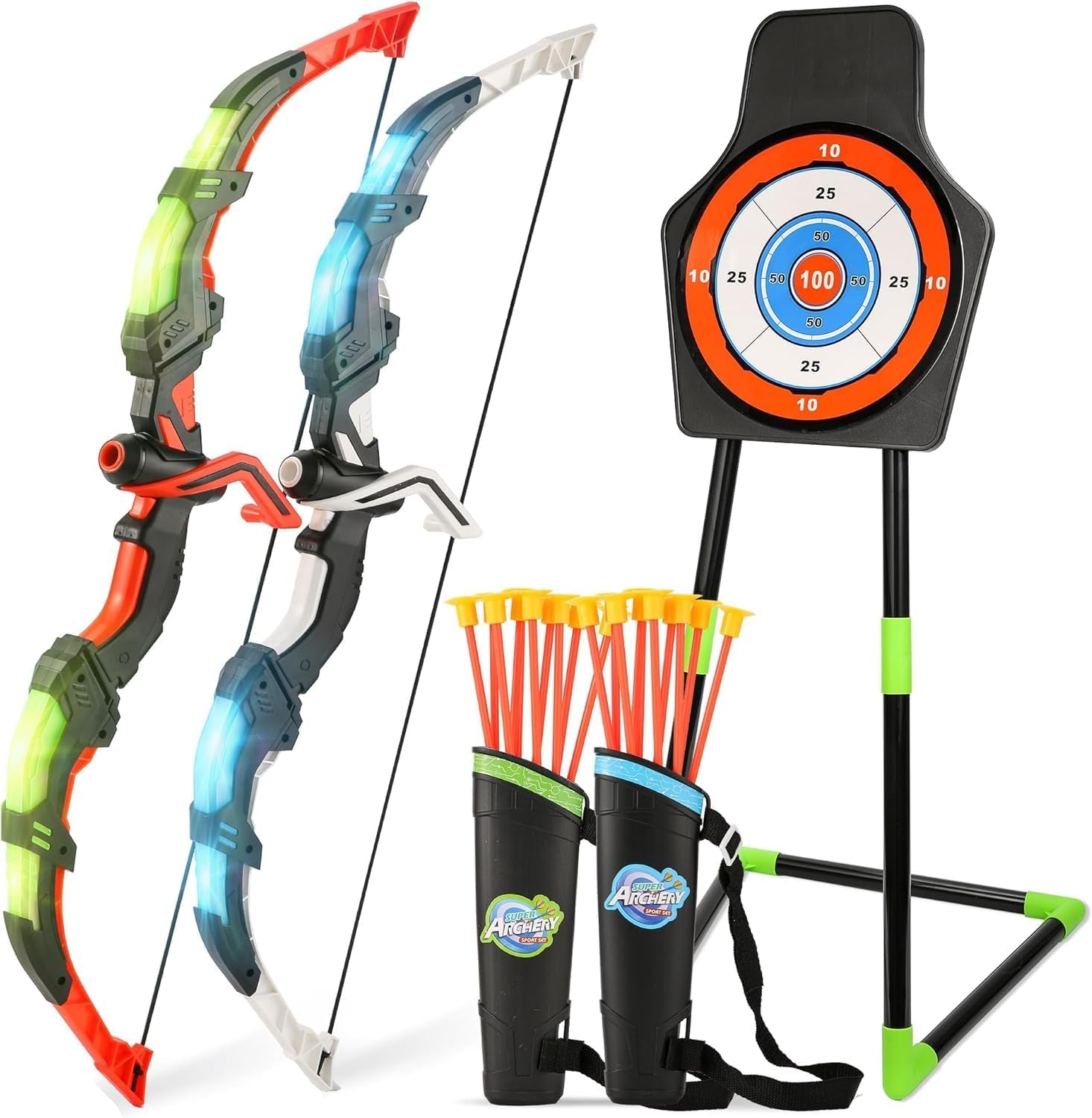 Bow and Arrow Set for Kids, 2-Pack LED Light up Archery Set with 20 Suction Cup Arrows, Outdoor Toy for Boy Girl Age 4-8 8-12 with Standing Target&2 Quivers, Birthday Gift for Kid 5 6 7 8 9 Year Old