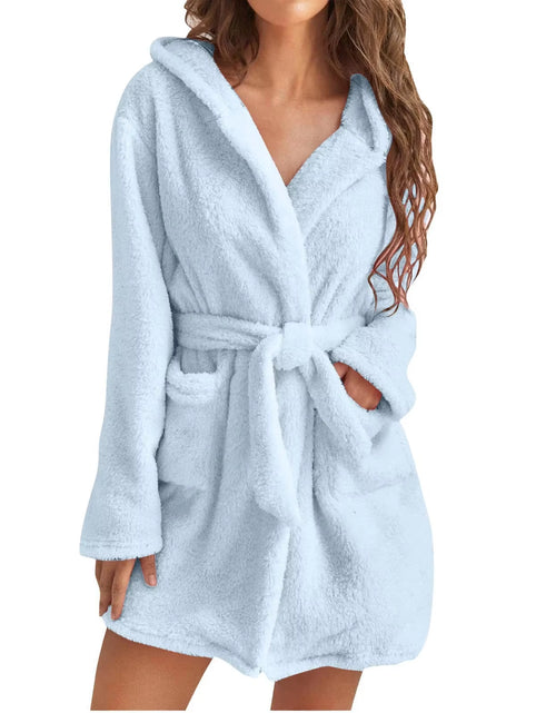 Load image into Gallery viewer, Women Bath Robe Winter Fluffy Plush Pyjamas Ladies Sexy Hooded Dressing Solid Color Gown Warm Bathrobe Female Home Clothing
