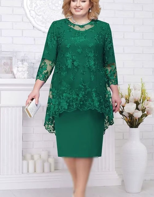 Load image into Gallery viewer, plus Size Women Evening Gown Dress, Fashion Solid Color round Neck High Waist Lace Embroidery Two-Piece Slim Fit Dress Set
