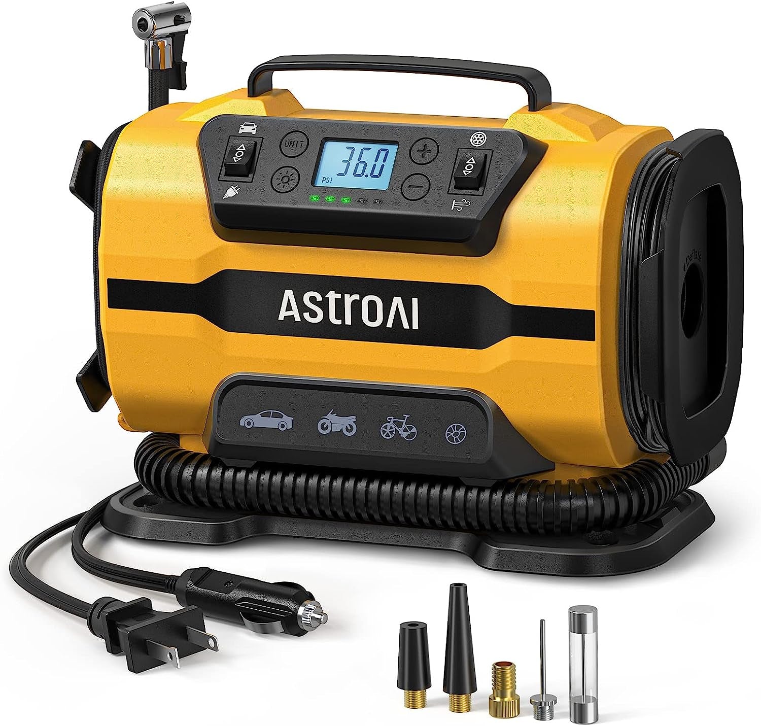 Tire Inflator Portable Air Compressor Pump 150PSI 12V DC/110V AC with Dual Metal Motors &LED Light， Automotive Car Accessories&Two Mode for Car, Bicycle Tires and Air Mattresses, Yellow