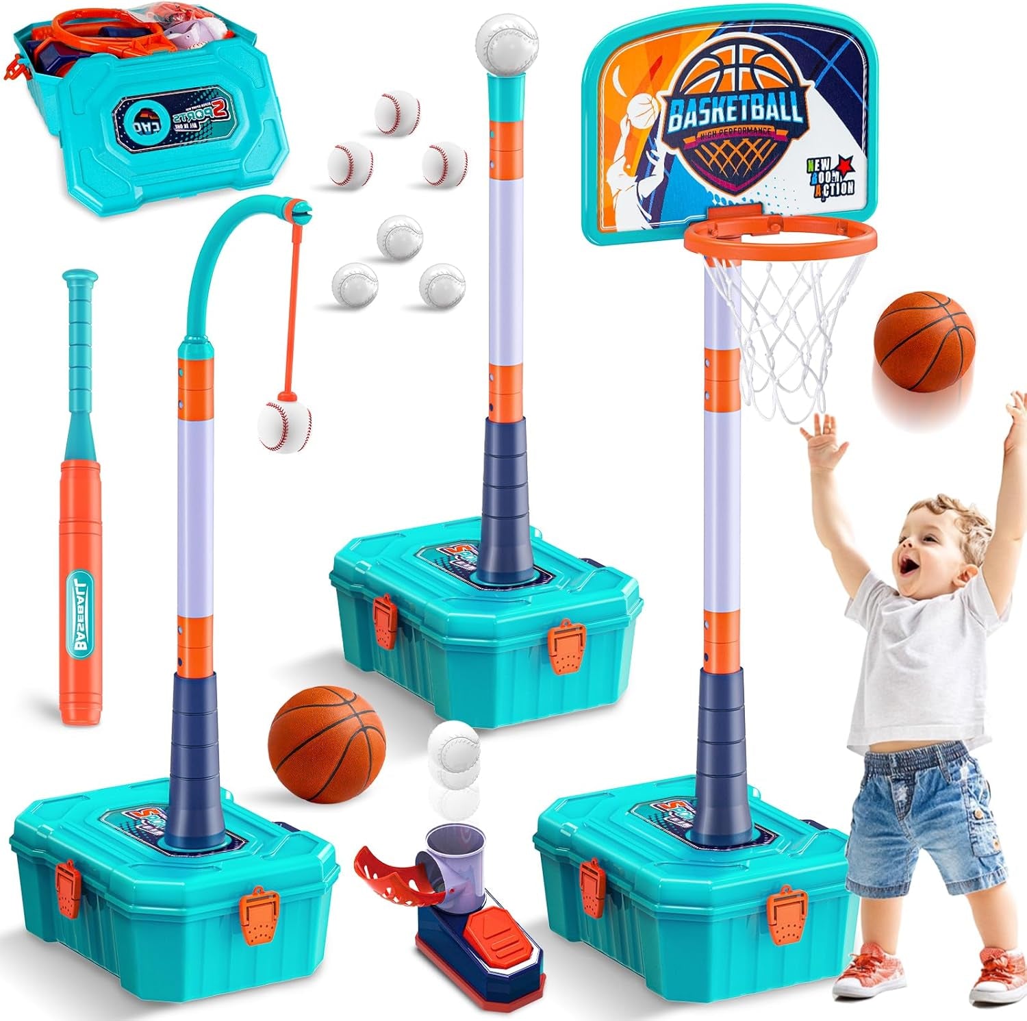 5 in 1 Toddler Basketball Hoop and T Ball Set, Height Adjustable Kids Basketball Hoop for Indoor Outdoor,Portable Mini Basketball Hoop, Birthday Christmas Sport Toys Gift for Boys Girls