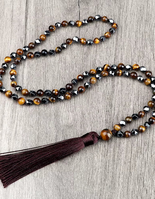 Load image into Gallery viewer, Vintage Design Tiger Eye Stone Necklace Handmade Knotted 6Mm 108 Mala Beads Necklaces Drop Pendant Women Men Yoga Jewelry Gifts
