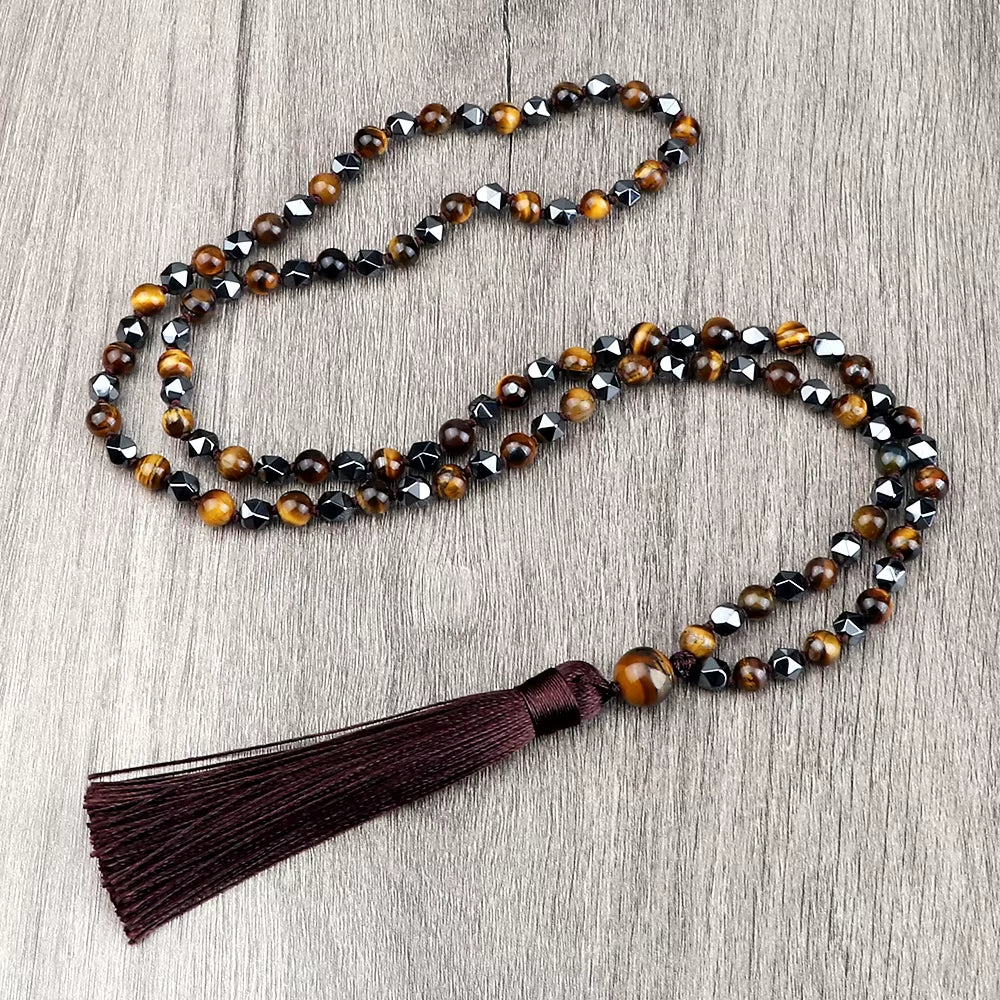 Vintage Design Tiger Eye Stone Necklace Handmade Knotted 6Mm 108 Mala Beads Necklaces Drop Pendant Women Men Yoga Jewelry Gifts