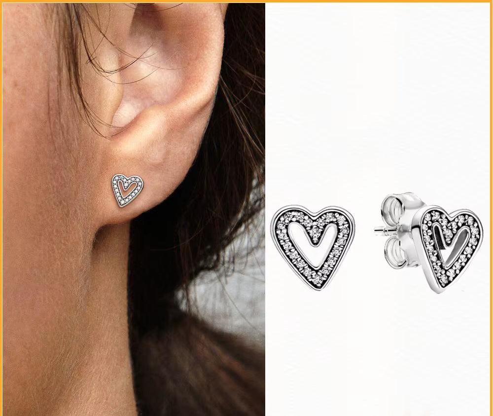 Original Authentic 925 Sterling Silver Earrings Sparkling Freehand Heart Hoop Plata Pandore Earrings Women Fashion Jewelry Gift