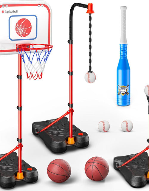 Load image into Gallery viewer, 2 in 1 Kids Basketball Hoop and T Ball Set, Adjustable Basket Ball Stand,Hanging Tee Baseball for Toddlers Boys Girls Ages 2 3 4 5 6 7 8 Years Old, Outdoor and Indoor Toys Gifts
