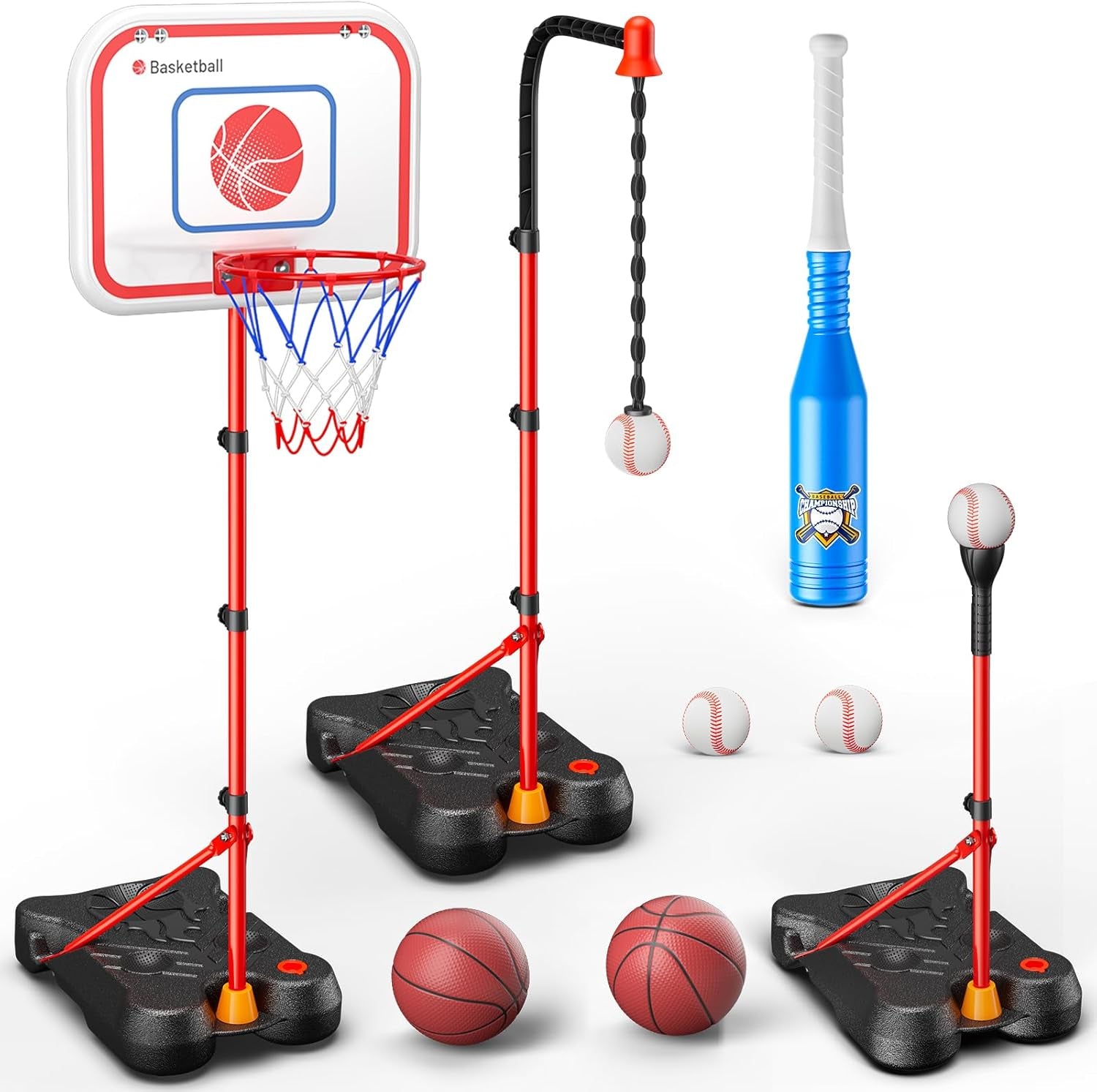 2 in 1 Kids Basketball Hoop and T Ball Set, Adjustable Basket Ball Stand,Hanging Tee Baseball for Toddlers Boys Girls Ages 2 3 4 5 6 7 8 Years Old, Outdoor and Indoor Toys Gifts