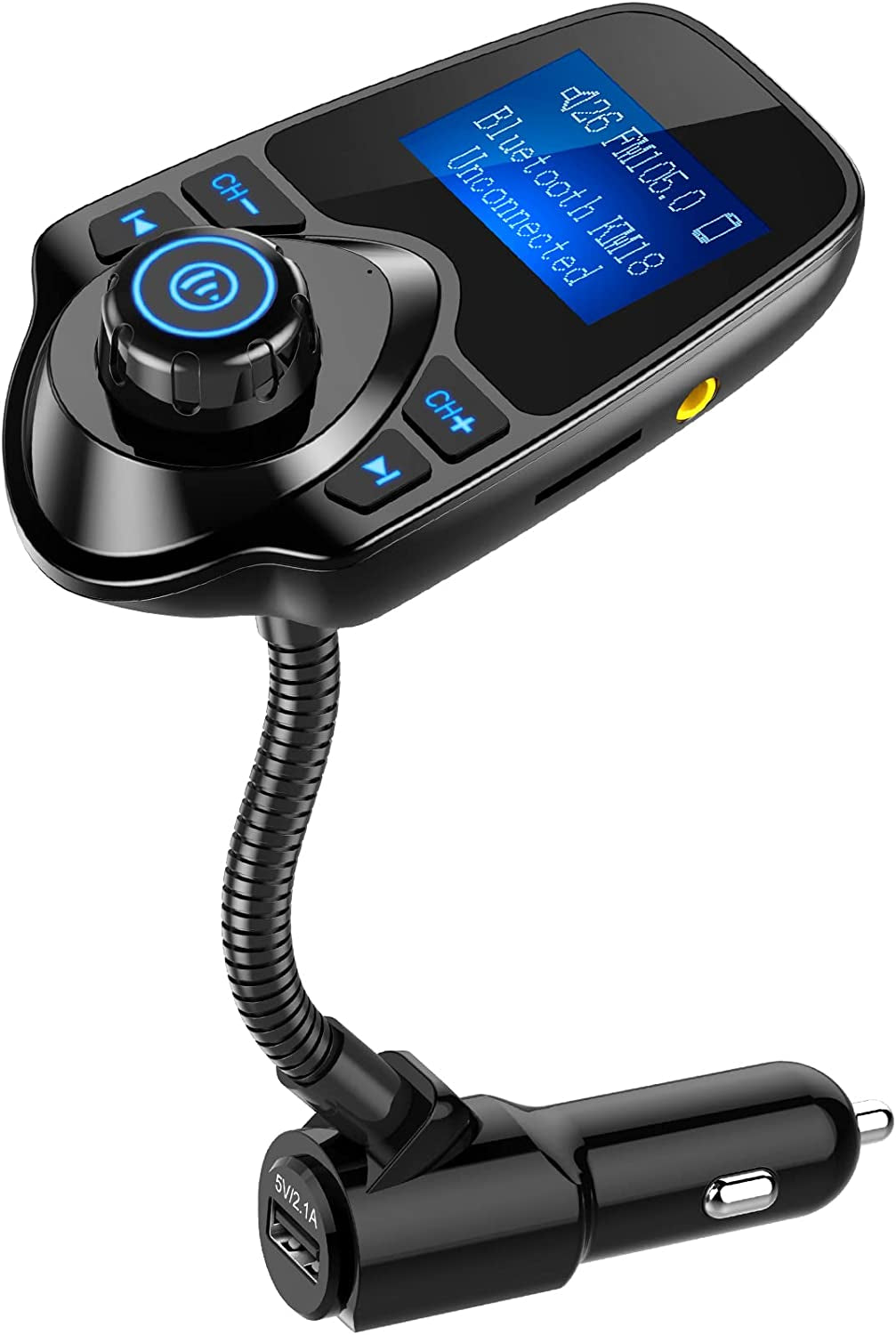 Car Bluetooth FM Transmitter [2024 Upgraded], 1.44" Display Flexible Gooseneck, Handsfree Call Wireless Music Stereo Audio Player Radio Adapter Car Kit USB Phone Charger, TF SD Card AUX-KM18