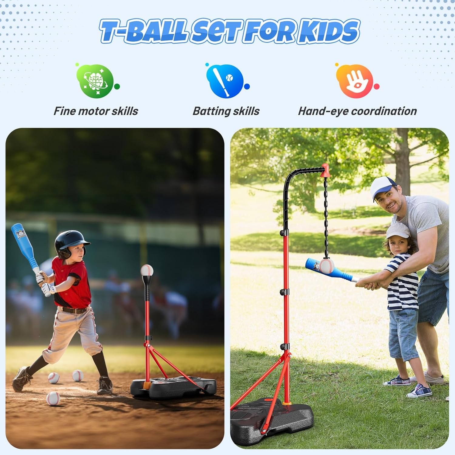 2 in 1 Kids Basketball Hoop and T Ball Set, Adjustable Basket Ball Stand,Hanging Tee Baseball for Toddlers Boys Girls Ages 2 3 4 5 6 7 8 Years Old, Outdoor and Indoor Toys Gifts