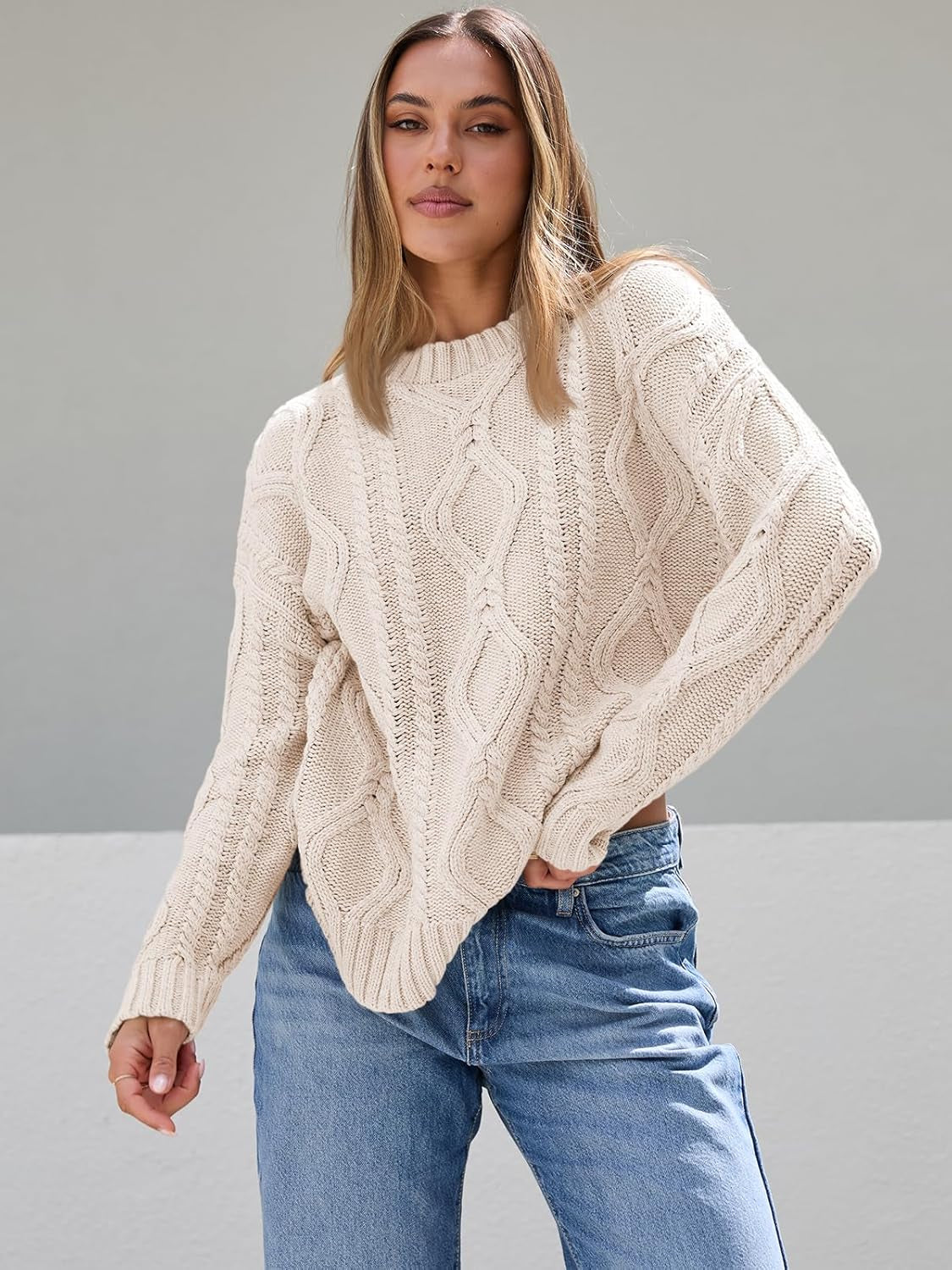 Women'S Oversized Cable Knit Crewneck Sweaters