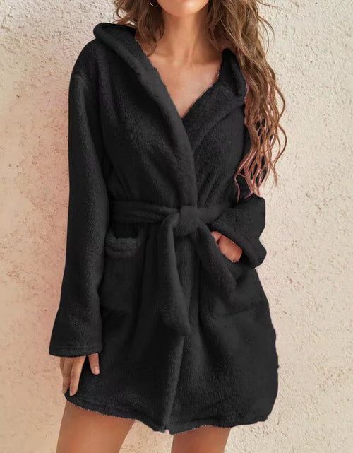 Load image into Gallery viewer, Women Bath Robe Winter Fluffy Plush Pyjamas Ladies Sexy Hooded Dressing Solid Color Gown Warm Bathrobe Female Home Clothing
