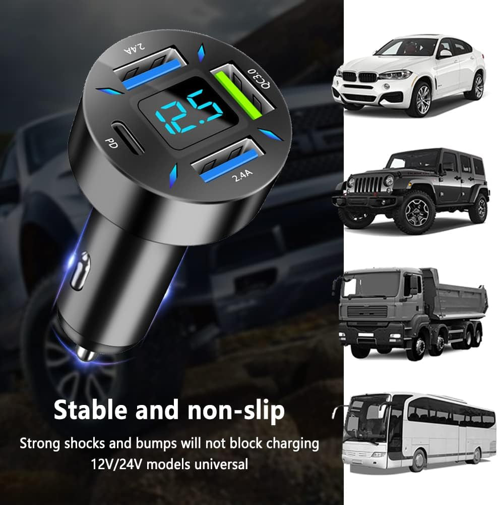 Car Charger 66W Super Fast Charging with USB PD&QC 3.0(Voltmeter&Led Lights) Universal Quick Charge for 12-24V Car Cigarette Lighter Plug,Compatible with Iphone 14 13 12,S22 S21 S20,Ipad(Black)