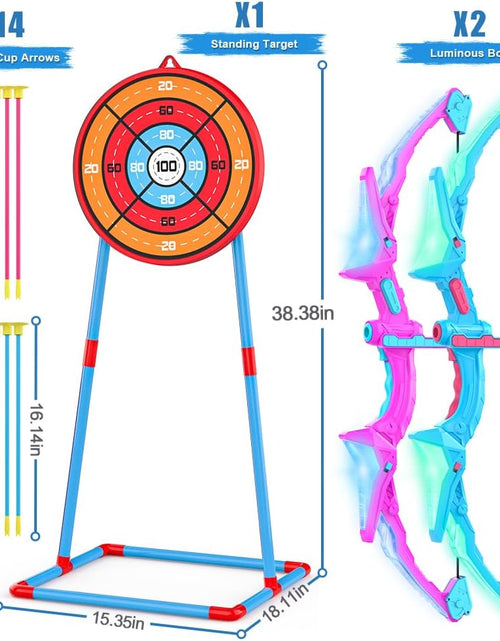 Load image into Gallery viewer, 2 Pack of Kids Bow and Arrow Set, Light up Archery Toy Set with 14 Suction Cup Arrows &amp; Standing Target, Perfect Kids Indoor and Outdoor Toys Birthday Gifts Ideas for 4 5 6 7 8 9 10 Year Boys Girls
