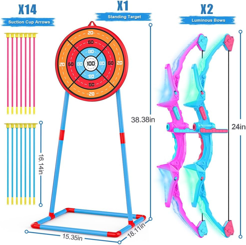 2 Pack of Kids Bow and Arrow Set, Light up Archery Toy Set with 14 Suction Cup Arrows & Standing Target, Perfect Kids Indoor and Outdoor Toys Birthday Gifts Ideas for 4 5 6 7 8 9 10 Year Boys Girls